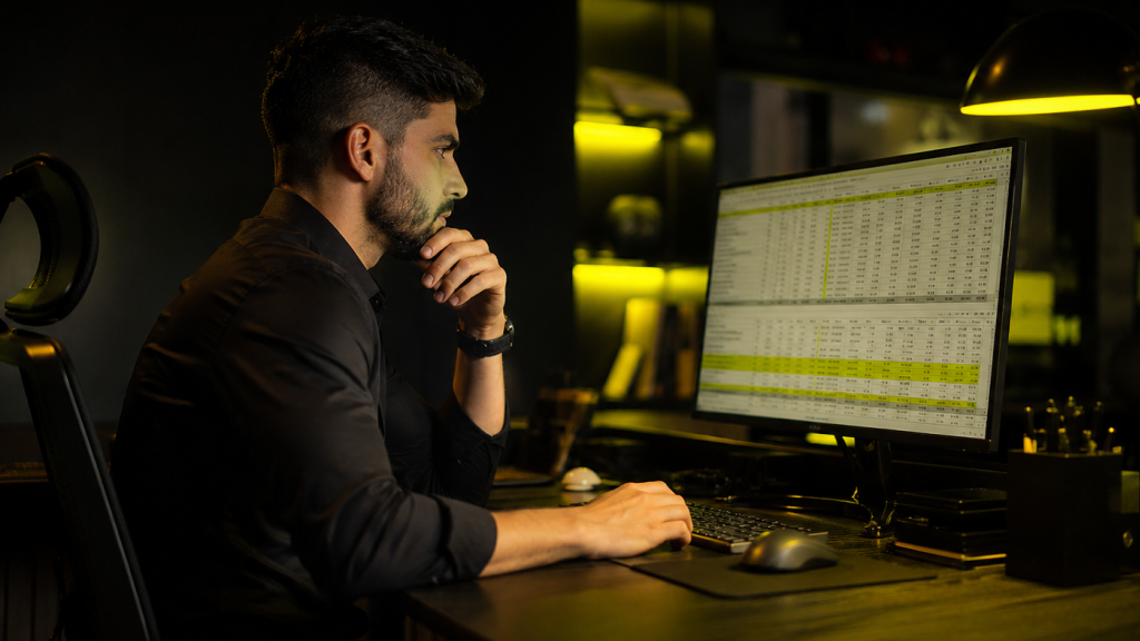 Profissional analisando planilhas de pregão eletrônico em escritório corporativo