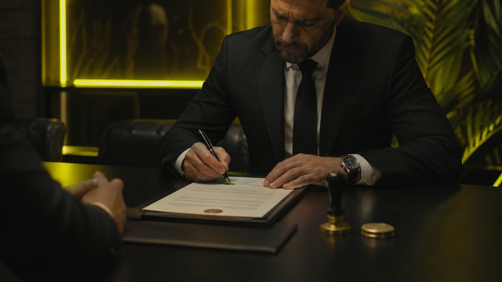 Autoridade assinando documento oficial de adjudicação em reunião formal