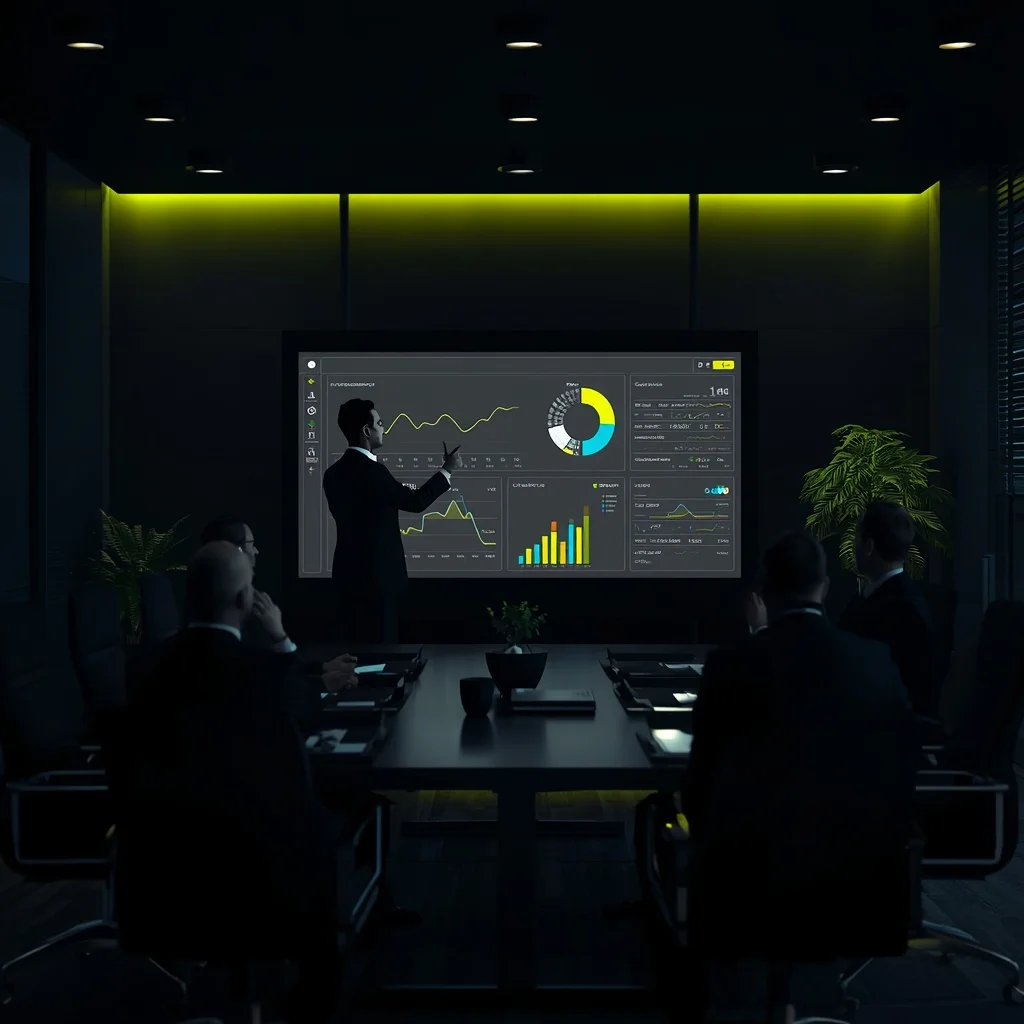 Gestor apresentando dashboard de vendas para equipe em sala de reunião