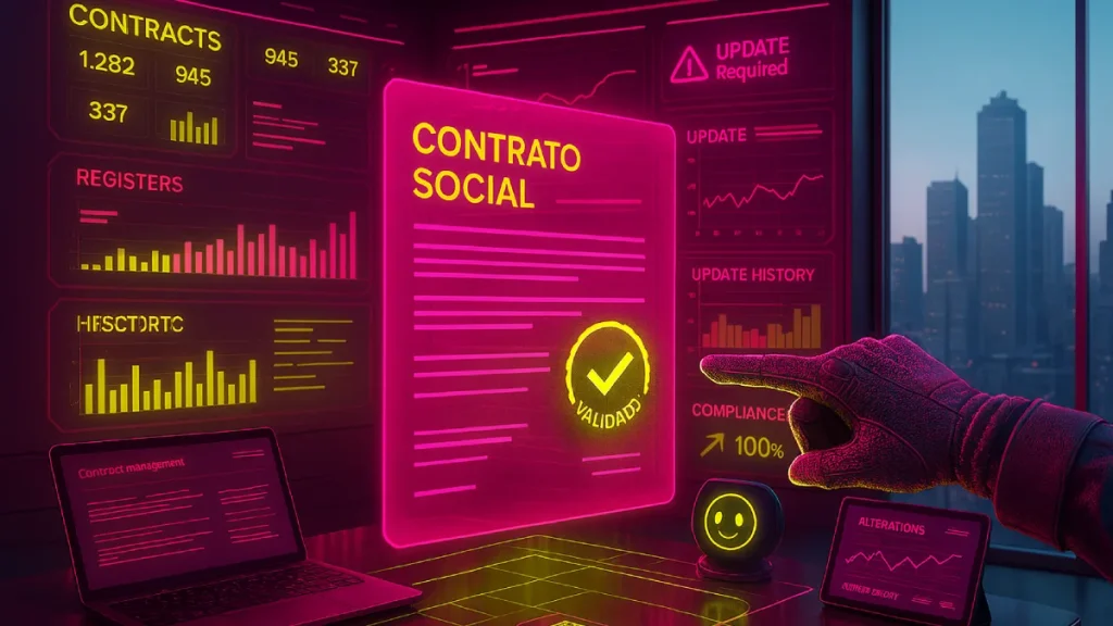 Contrato Social: especialistas em reunião analisam o documento de uma empresa em uma tela de holograma futurista