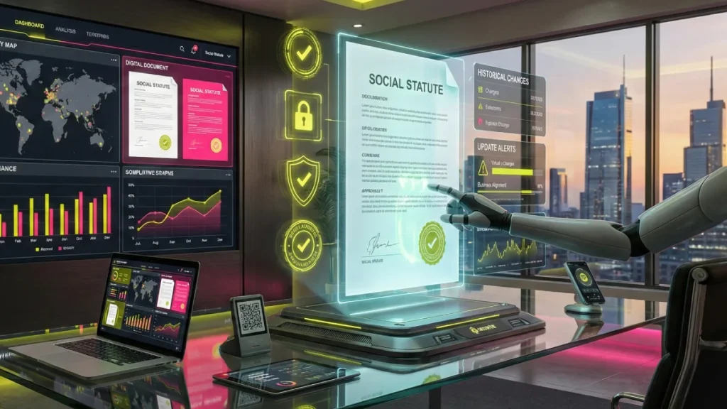 Estatuto Social: uma IA de negócios faz a emissão do documento em um painel digital com informações da empresa.