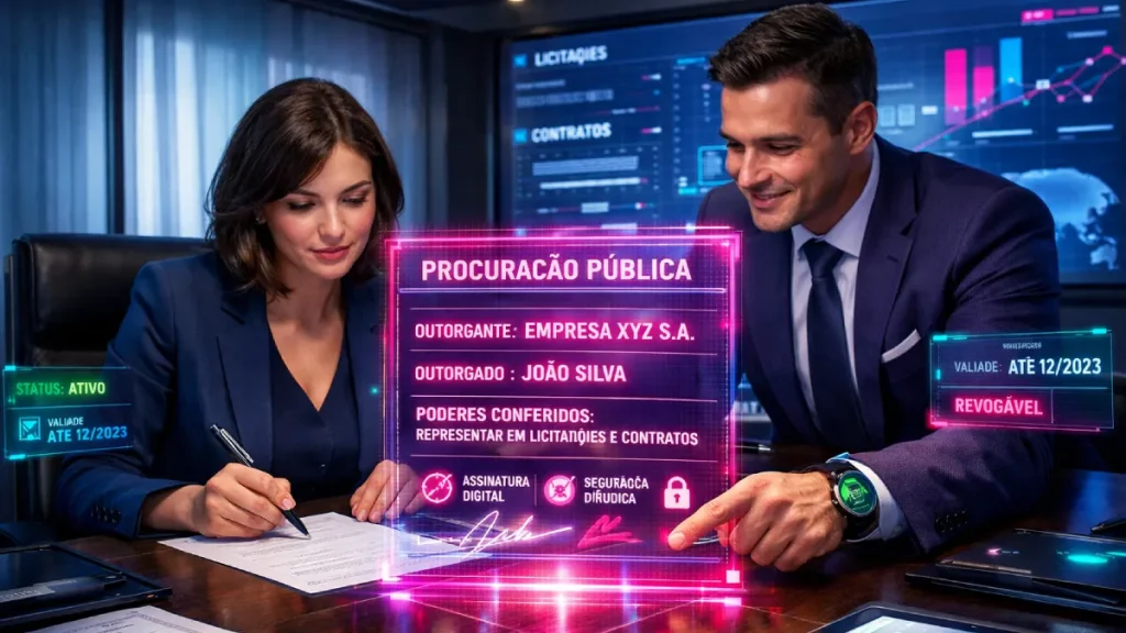 Procuração pública com mulher que assina documento com tela digital de assinatura e segurança jurídica.