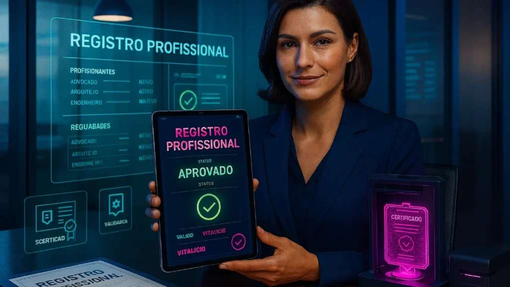 Registro profissional no processo de validação em tela digital, mostrando a validade e a importância do documento.