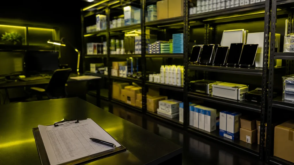 Almoxarifado organizado com produtos diversos fornecidos ao governo